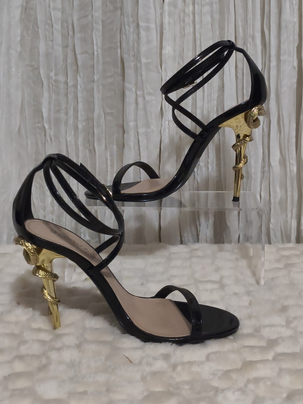 Black Strappy High Heel Sandals with Gold Sculpted Heel